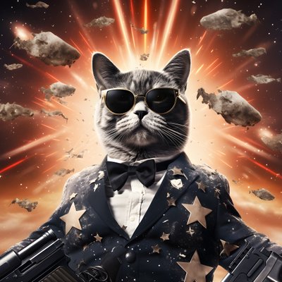 Movie Poster of a Cat Wearing a Black and White Polka Dot Shirt and Shiny Sunglasses, with Explosions and Cannons in the Background 4 by Kurt Heppke