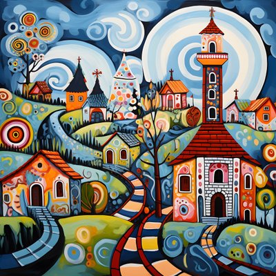 Painting of a Bulgarian Village, Orthodox Church 1 by Kurt Heppke