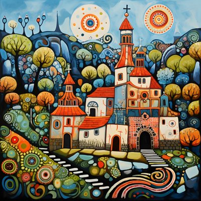 Painting of a Bulgarian Village, Orthodox Church 3 by Kurt Heppke