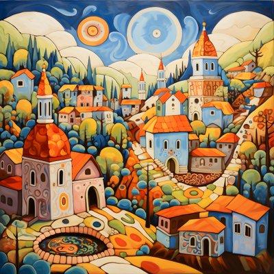 Painting of a Bulgarian Village, Orthodox Church 4 by Kurt Heppke