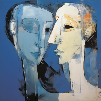 Painting of Two Heads Against a Blue Background 1 by Kurt Heppke