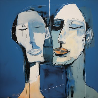 Painting of Two Heads Against a Blue Background 2 by Kurt Heppke