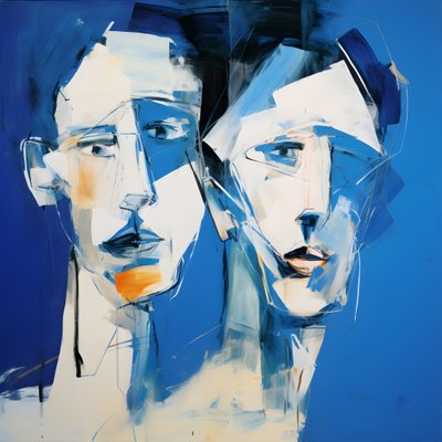 Painting of Two Heads Against a Blue Background 3 by Kurt Heppke