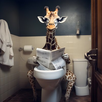 Happy giraffe sitting on toilet with newspaper 4 by Kurt Heppke