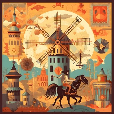 Background Don Quixote on His Donkey as Small as a Shadow in Front of the Windmills, a Suitable Backdrop 1 by Kurt Heppke