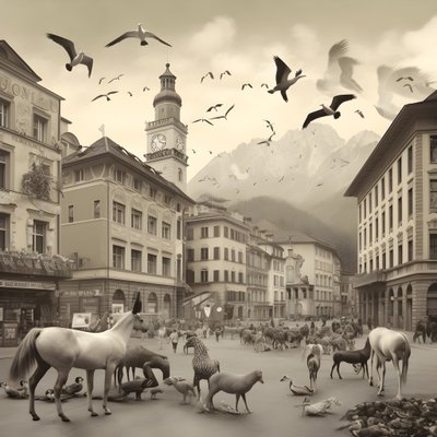 Innsbruck in an Old Photograph with Elegant Zebras, Seagulls, Monkeys, and Clay Figures. 1 by Kurt Heppke