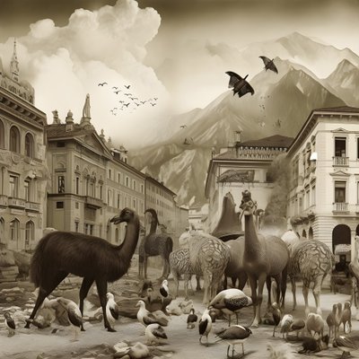 Innsbruck in an Old Photograph with Elegant Zebras, Seagulls, Monkeys, and Clay Figures. 3 by Kurt Heppke