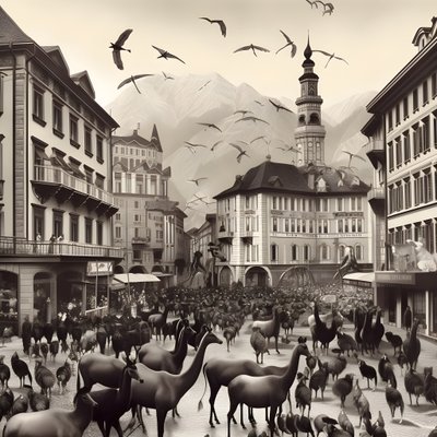 Innsbruck in an Old Photograph with Elegant Zebras, Seagulls, Monkeys, and Clay Figures. 4 by Kurt Heppke