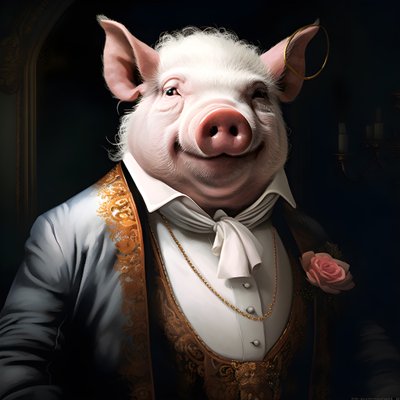 Cold and Domineering Anthropomorphic Pig Plantation Owner, Piercing Eyes, Fat Chubby Body, Cigar in Hand, Exquisite Chic Southern White Suit and Vest, Pocket Watch on a Chain, Monocle, White Felt Hat, Close-up by Kurt Heppke