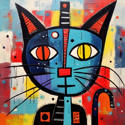Cute Cat in the Style of Picasso, Joan Miro, and Basquiat 4 by Kurt Heppke