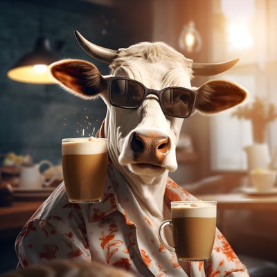 Cow with Sunglasses Looking at Cold Coffee 1 by Kurt Heppke