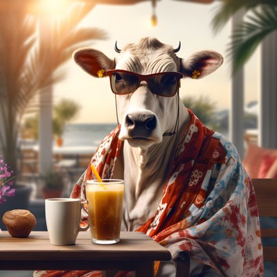 Cow with Sunglasses Looking at Cold Coffee 2 by Kurt Heppke