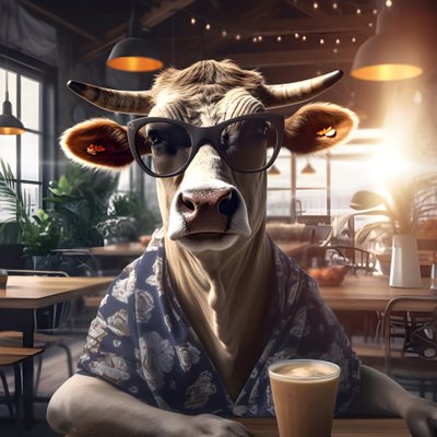 Cow with Sunglasses Looking at Cold Coffee 3 by Kurt Heppke