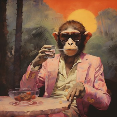 Close-Up of a Cool Monkey in a Japanese Kimono, with Sunglasses, in a Tropical Landscape 2 by Kurt Heppke