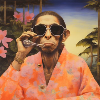 Close-Up of a Cool Monkey in a Japanese Kimono, with Sunglasses, in a Tropical Landscape 3 by Kurt Heppke