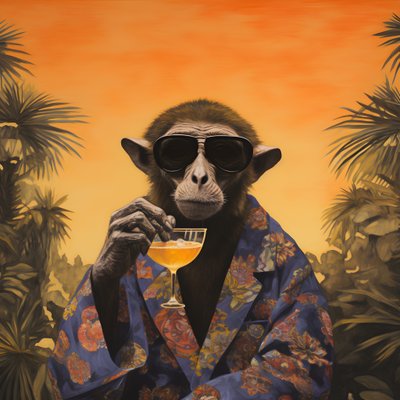 Close-Up of a Cool Monkey in a Japanese Kimono, with Sunglasses, in a Tropical Landscape 4 by Kurt Heppke