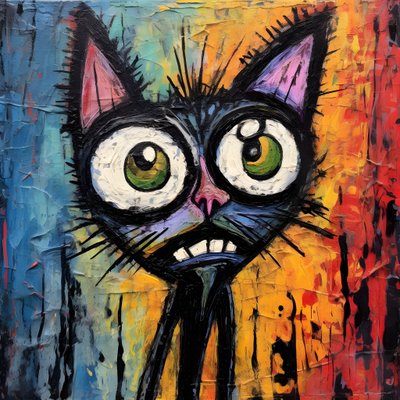 Neo-expressionism of a cartoon cat looking up curiously by Kurt Heppke