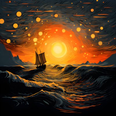 Sunset, Orange-Yellow Sun, Clouds, Five Rotating Circles of Clouds in a Large Sky, Dot-Like Waves and Orange-Yellow Sunset Clouds Reflecting on the Waves, a Boat Sailing Out to Sea 1 by Kurt Heppke