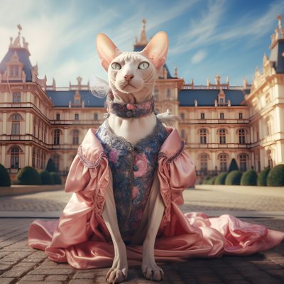 Sphynx Cat in a Ball Gown in Front of a Magnificent Palace in Medieval Style 1 by Kurt Heppke