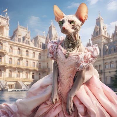Sphynx Cat in a Ball Gown in Front of a Magnificent Palace in Medieval Style 2 by Kurt Heppke