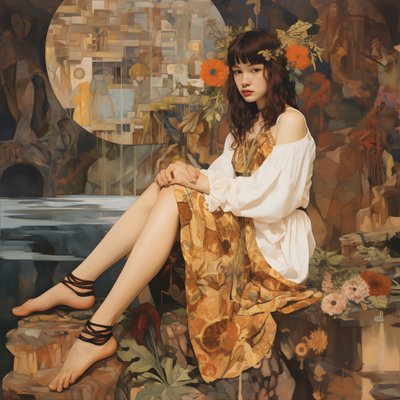 Teenager in Floral Dress and High Skate Shoes, Sitting in a Ruin Through Which a River Flows 3 by Kurt Heppke