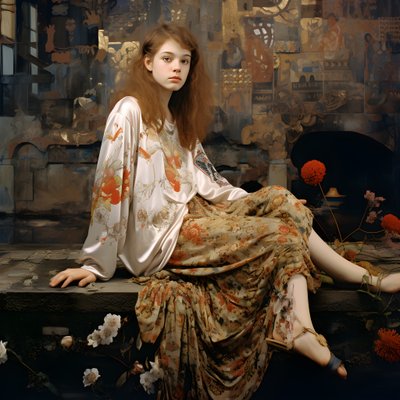 Teenager in Floral Dress and High Skate Shoes, Sitting in a Ruin Through Which a River Flows 4 by Kurt Heppke