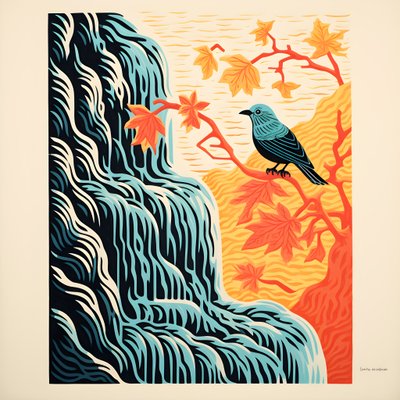 Ultra-Minimalist Illustration of a Colorful Tropical Bird Sitting on a Branched Plant in Front of a Mountain Stream with a Beautiful Waterfall 1 by Kurt Heppke