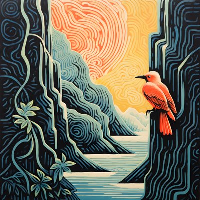 Ultra-Minimalist Illustration of a Colorful Tropical Bird Sitting on a Branched Plant in Front of a Mountain Stream with a Beautiful Waterfall 2 by Kurt Heppke