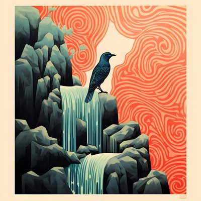 Ultra-Minimalist Illustration of a Colorful Tropical Bird Sitting on a Branched Plant in Front of a Mountain Stream with a Beautiful Waterfall 3 by Kurt Heppke