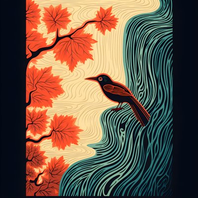 Ultra-Minimalist Illustration of a Colorful Tropical Bird Sitting on a Branched Plant in Front of a Mountain Stream with a Beautiful Waterfall 4 by Kurt Heppke