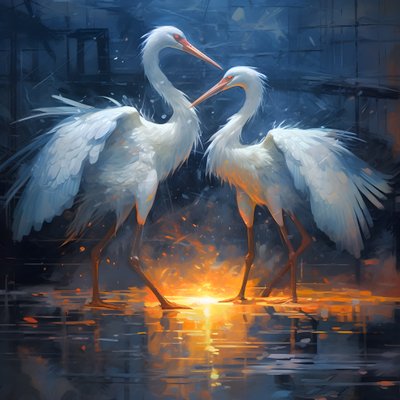 beautiful, magnificent, cinematic painting, two cranes kissing in the rain 1 by Kurt Heppke