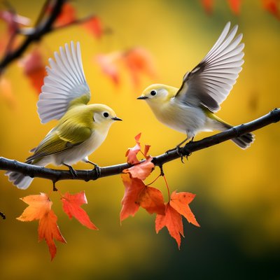 Two super cute green white-eye birds spread their wings and fly in the autumn maple leaves 4 by Kurt Heppke