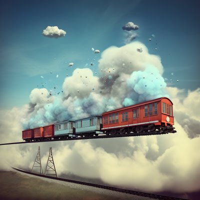 A Fast Moving Social Media Train Flying Through the Clouds Hanging by a Thread 3 by Kurt Heppke