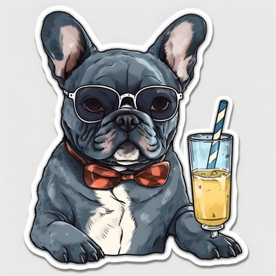 Sticker, Cool French Bulldogs Drinking a Cocktail 4 by Kurt Heppke