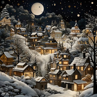 A Village at Night Under Snowy Trees 2 by Kurt Heppke