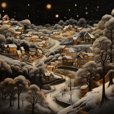 A Village at Night Under Snowy Trees 3 by Kurt Heppke