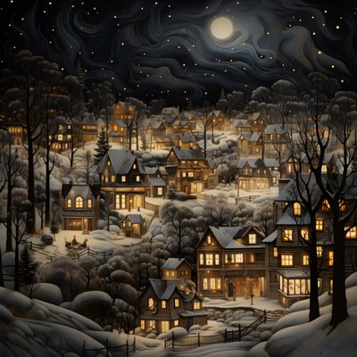 A Village at Night Under Snowy Trees 4 by Kurt Heppke
