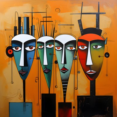 A Painting Shows a Group of Four Heads on a Wall 3 by Kurt Heppke