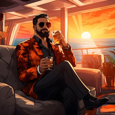 A Rich Man, Well-Dressed, Sitting on a Private Cruise Ship and Drinking a Cocktail 3 by Kurt Heppke