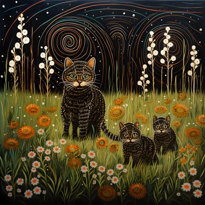 A Cat Nursing Her Kittens in Tall Green Grass in Front of the House 1 by Kurt Heppke