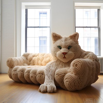 A Giant Crocheted Cat in a Realistic Living Room 1 by Kurt Heppke