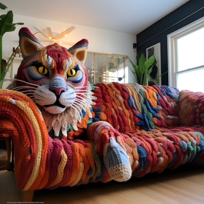 A Giant Crocheted Cat in a Realistic Living Room 2 by Kurt Heppke