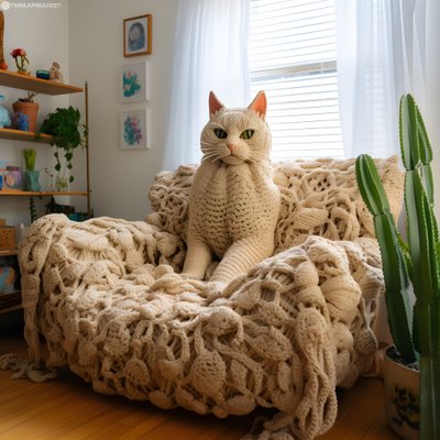 A Giant Crocheted Cat in a Realistic Living Room 3 by Kurt Heppke