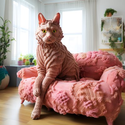 A Giant Crocheted Cat in a Realistic Living Room 4 by Kurt Heppke