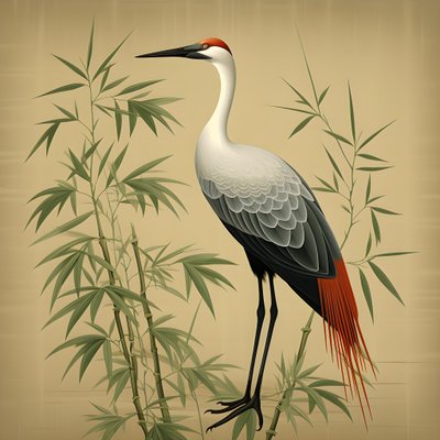 A Beautiful Japanese Illustration of a Crane and Bamboo 2 by Kurt Heppke