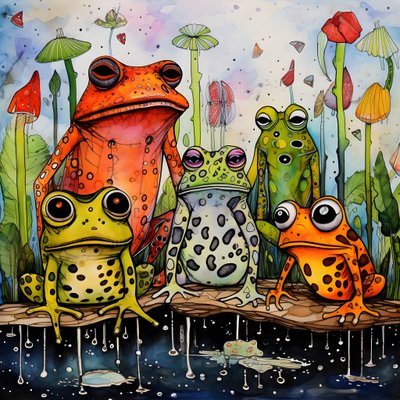 Full-page watercolor and ink painting of frogs 2 by Kurt Heppke