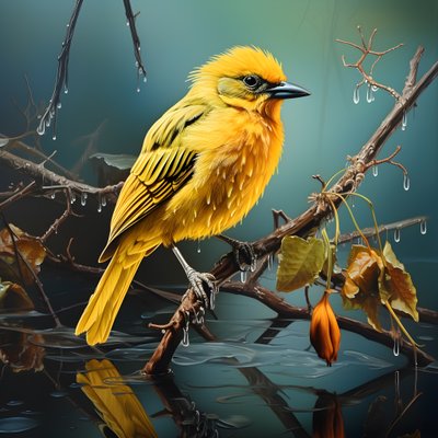 Yellow Bird on a Branch in Water 1 by Kurt Heppke