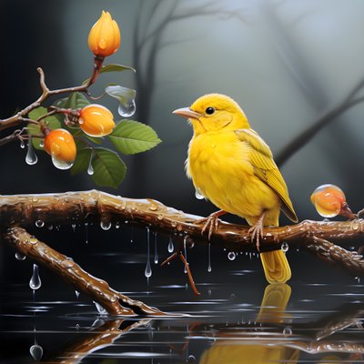 Yellow Bird on a Branch in Water 2 by Kurt Heppke