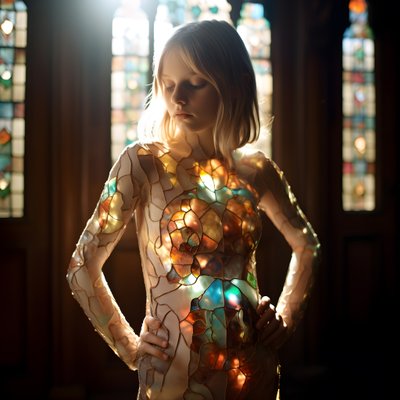 Pretty Blonde Girl Aged 14 Wearing a Colorful Tiffany Stained Glass Dress 3 by Kurt Heppke