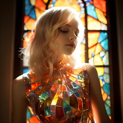 Pretty Blonde Girl Aged 14 Wearing a Colorful Tiffany Stained Glass Dress 4 by Kurt Heppke